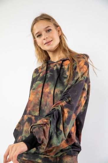 Picture of 2 Thread Knitting Material Long Maxi Sleeve Hooded Loose Kalıp Batik Pattern Woman Sweatshirt Khaki