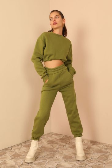 Picture of 3 Thread Material Long Maxi Size Comfortable Kalıp trotter Elastic Woman Trousers Khaki