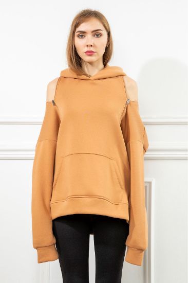 Picture of 3 Thread Knitting Material Basen Six Size Zipper Detailed Woman Sweatshirt Camel