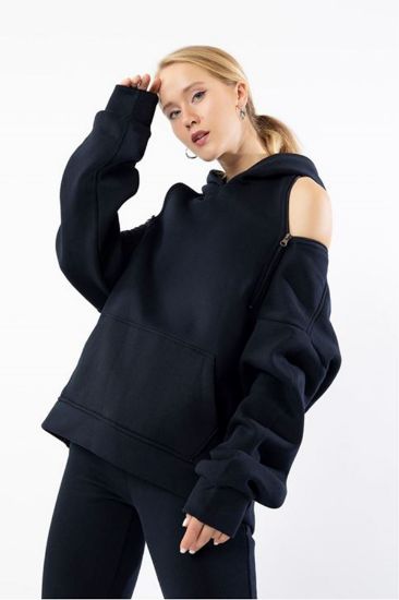 Picture of 3 Thread Knitting Material Basen Six Size Zipper Detailed Woman Sweatshirt Navy Navy Blue
