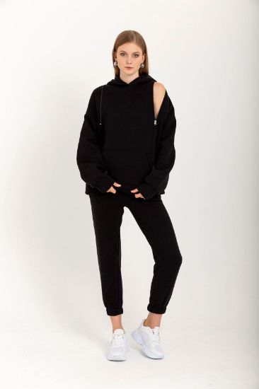 Picture of 3 Thread Knitting Material Basen Six Size Zipper Detailed Woman Sweatshirt Black