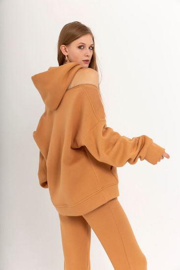 Picture of 3 Thread Knitting Material Basen Six Size Zipper Detailed Woman Sweatshirt Tan