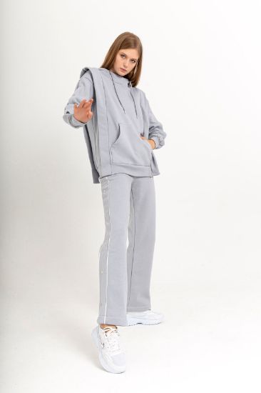 Picture of 3 Thread Knitting Material Hooded Basen Size Woman Suit 2'li Grey