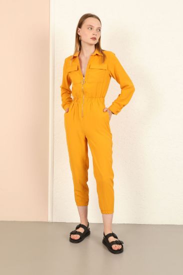 Picture of Aerobin Material Shirt Neck Bilek Size Skinny Kalıp Zipped Woman Overall Mustard Mustard Yellow