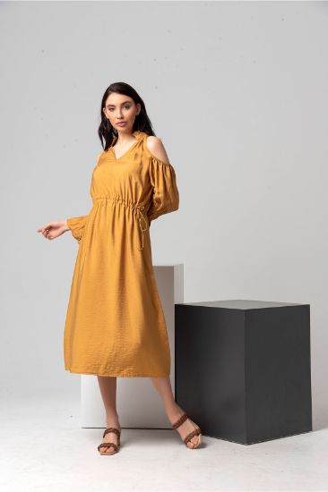 Picture of Aerobin Material Heart Neck Ruffle V Neck Shoulder Detailed Woman Dress Mustard Mustard Yellow