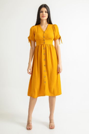 Picture of Aerobin Material handle Bağcıklı V Neck Knee Six Size Woman Dress Mustard Mustard Yellow