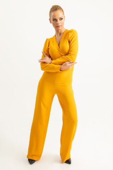 Picture of Aerobin Material Double breasted Neck Long Maxi Size Tam Kalıp Woman Overall Mustard Mustard Yellow