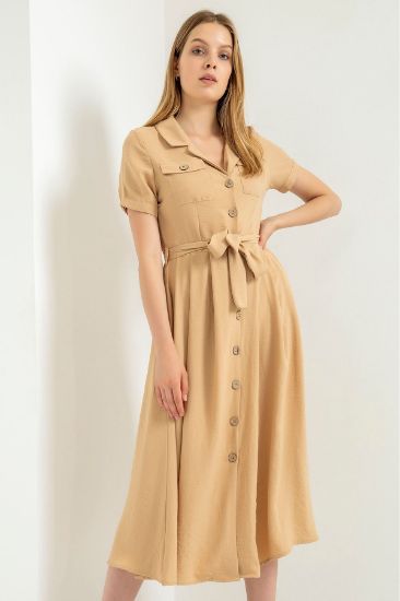 Picture of Aerobin Material Midi Size Pocket Detailed Woman Dress Stone