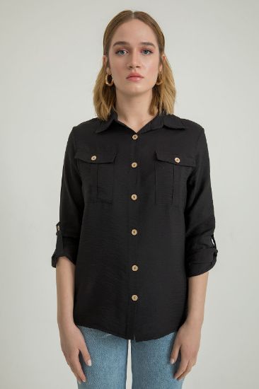 Picture of Aerobin Material Long Maxi Sleeve Basen Six Size Tam Kalıp Woman Shirt Black