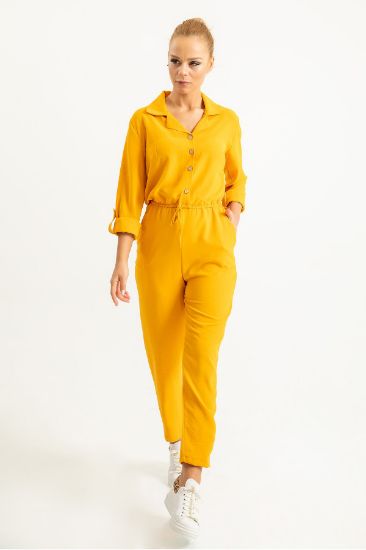 Picture of Aerobin Material Long Maxi Sleeve Jacket Neck&#x20; Loose Kalıp Woman Overall Mustard Mustard Yellow