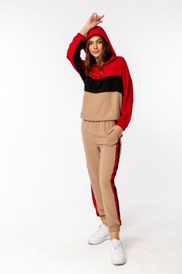 Picture of Aerobin Material Long Maxi Sleeve Zipped Neck Tam Kalıp Woman Suit 2'li Red Beige