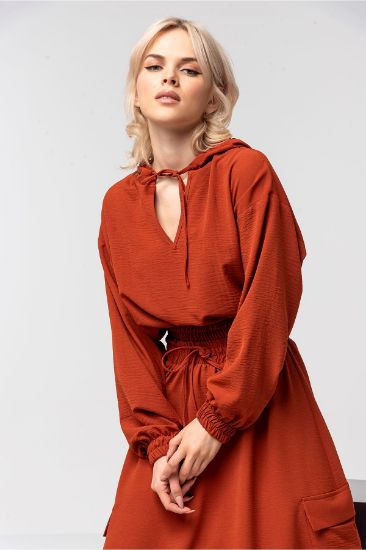 Picture of Aerobin Material Long Maxi Sleeve Hooded Oversize Loose Woman Blouse Terra Cotta Tile