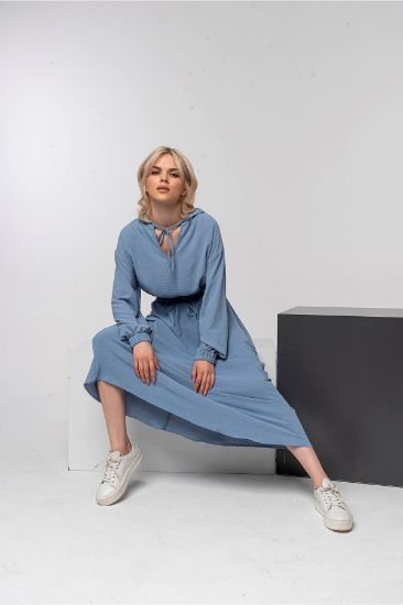 Picture of Aerobin Material Long Maxi Sleeve Hooded Oversize Loose Woman Blouse Blue