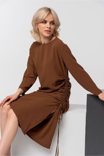 Picture of Aerobin Material Long Maxi Sleeved Büzgü Detail Woman Dress Brown