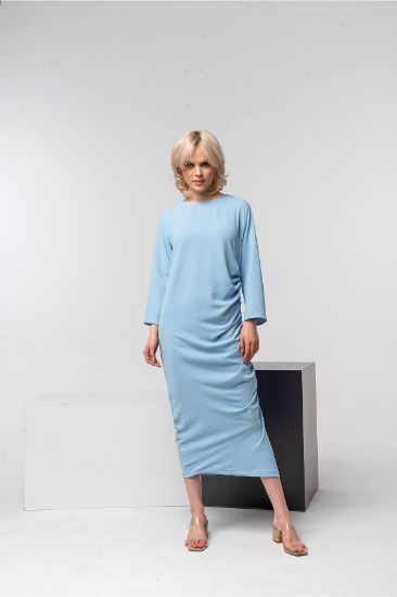 Picture of Aerobin Material Long Maxi Sleeved Büzgü Detail Woman Dress Blue