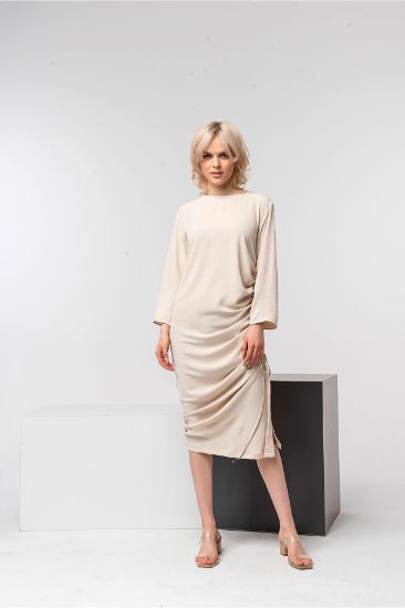 Picture of Aerobin Material Long Maxi Sleeved Büzgü Detail Woman Dress Stone