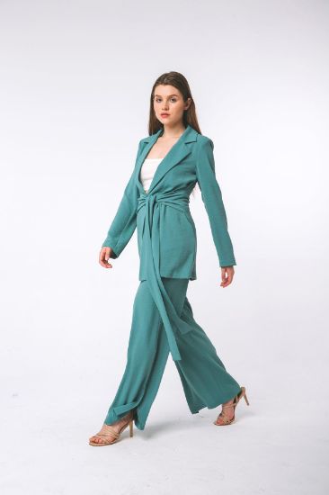 Picture of Aerobin Material Long Maxi Sleeved Comfortable Kalıp Front Belted Woman Jacket Petroleum Petroleum Green