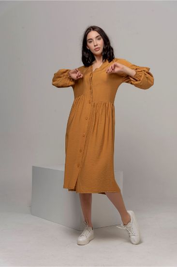 Picture of Aerobin Material V Neck&#x20; Oversize Loose Assmmetrical Asymmetrical Woman Dress Mustard Mustard Yellow