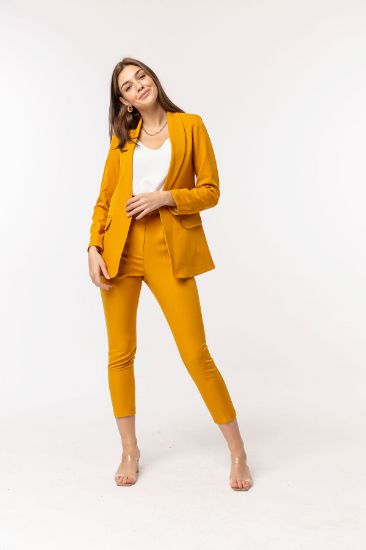 Picture of Atlas Material Bilek Size Belted Woman Trousers Mustard Mustard Yellow