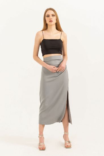 Picture of Atlas Material Midi Size Shirred Yırtmaç Detailed Woman Skirt Grey