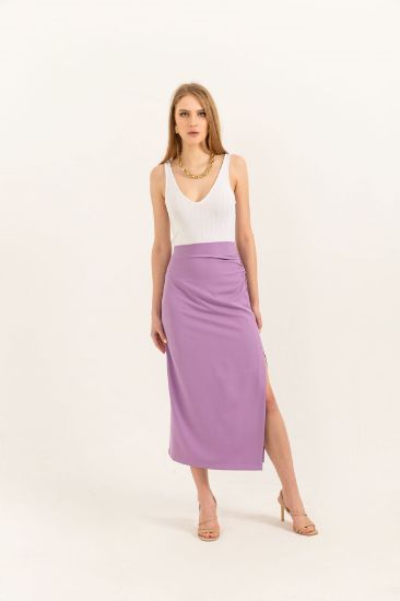Picture of Atlas Material Midi Size Shirred Yırtmaç Detailed Woman Skirt Lilac