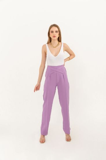 Picture of Atlas Material Long Maxi Size Waist Detailed Classical Woman Trousers Lilac