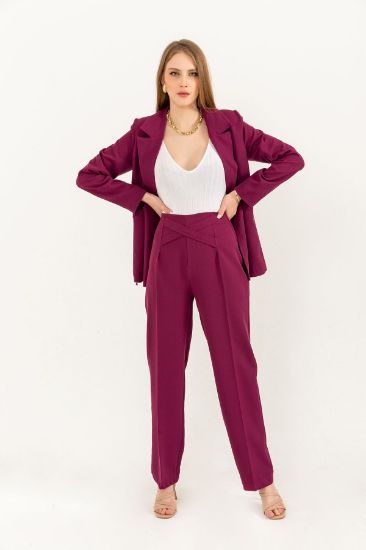 Picture of Atlas Material Long Maxi Size Waist Detailed Classical Woman Trousers Plum