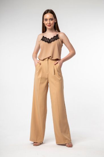 Picture of Atlas Material Long Maxi Size Loose Kalıp palazzo Woman Trousers Tan