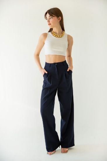 Picture of Atlas Material Long Maxi Size Comfortable Kalıp Woman palazzo Trousers Navy Navy Blue