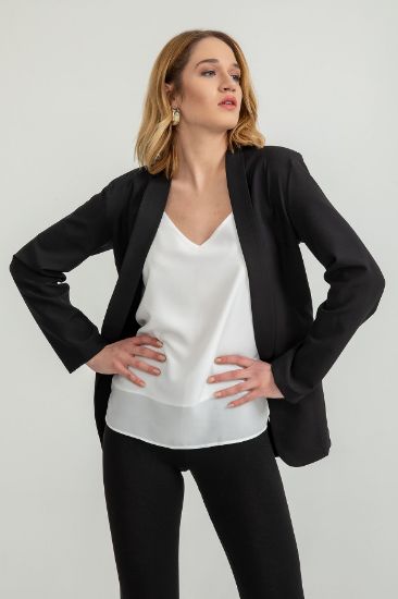 Picture of Atlas Material Long Maxi Sleeve Shawl Neck Basen Size Blazer Woman Jacket Black