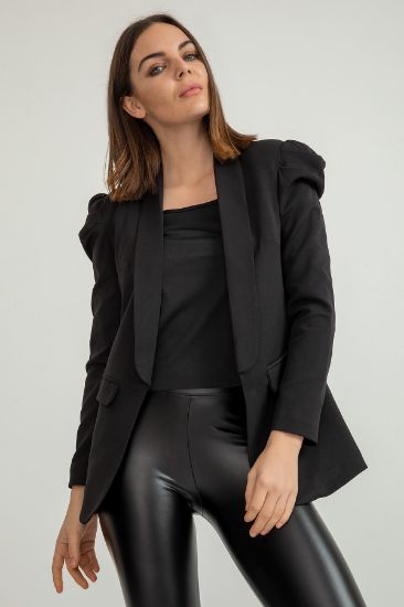 Picture of Atlas Material Long Maxi Sleeve Shawl Neck Classical Kalıp Büzgü Detail Woman Jacket Black