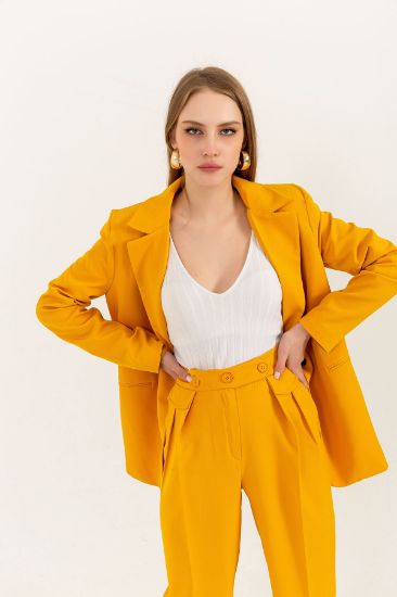 Picture of Atlas Material Long Maxi Sleeved Loose Kalıp Woman palazzo Jacket Mustard Mustard Yellow