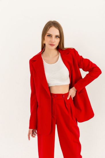 Picture of Atlas Material Long Maxi Sleeved Loose Kalıp Woman palazzo Jacket Red