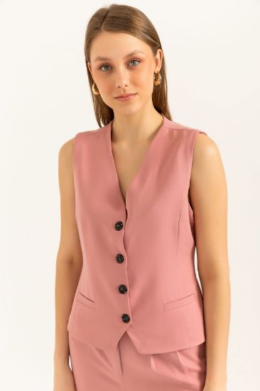 Picture of Atlas Material V Neck Short Size Buttoned Pocket Detailed Woman Waistcoat Rose Kurusu