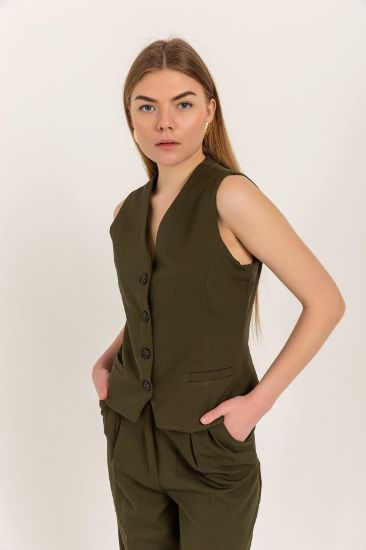 Picture of Atlas Material V Neck Short Size Buttoned Pocket Detailed Woman Waistcoat Khaki