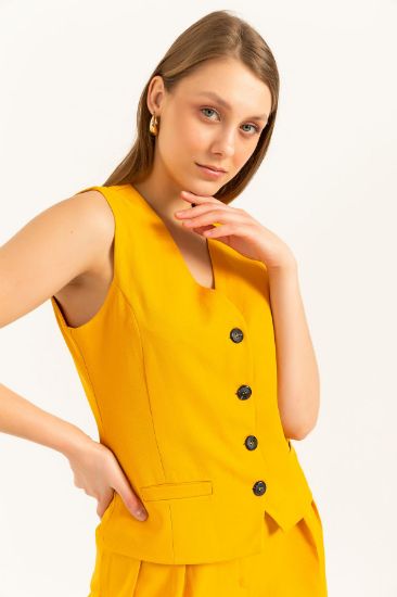 Picture of Atlas Material V Neck Short Size Buttoned Pocket Detailed Woman Waistcoat Mustard Mustard Yellow