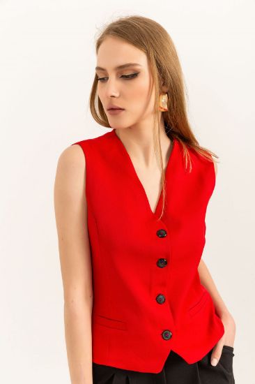 Picture of Atlas Material V Neck Short Size Buttoned Pocket Detailed Woman Waistcoat Red