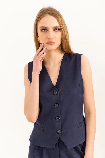 Picture of Atlas Material V Neck Short Size Buttoned Pocket Detailed Woman Waistcoat Navy Navy Blue