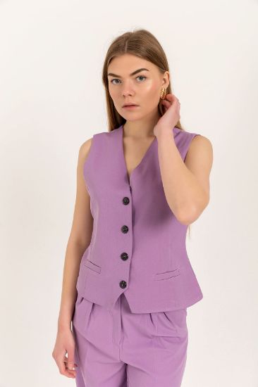 Picture of Atlas Material V Neck Short Size Buttoned Pocket Detailed Woman Waistcoat Lilac