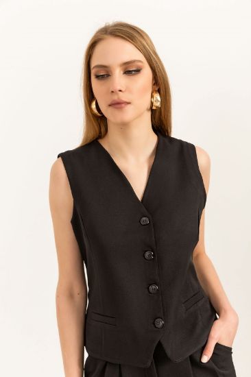 Picture of Atlas Material V Neck Short Size Buttoned Pocket Detailed Woman Waistcoat Black