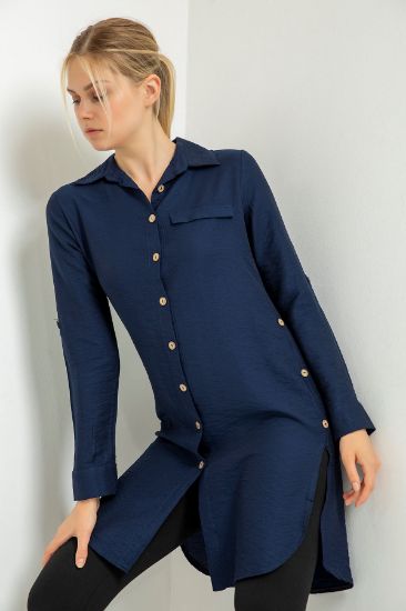 Picture of Bodrum Kalitesi Material Basen Six Size Pocket Detailed Woman Tunic Navy Navy Blue