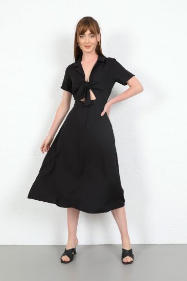 Picture of Bodrum Kalitesi Material Jacket Neck Bağlama Detailed Long Maxi Woman Dress Black