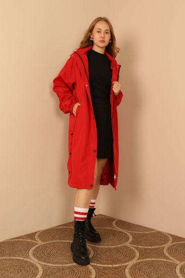 Picture of Bondig Material Long Maxi Hooded Woman Yağmurluk Red