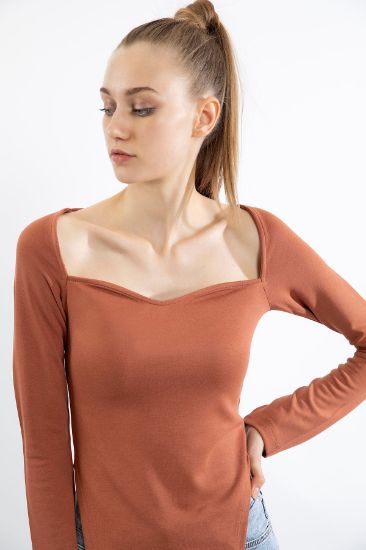 Picture of Çelik Knitting Material Long Maxi Sleeve Heart Neck Assmmetrical Asymmetrical Detailed Woman Blouse Tan