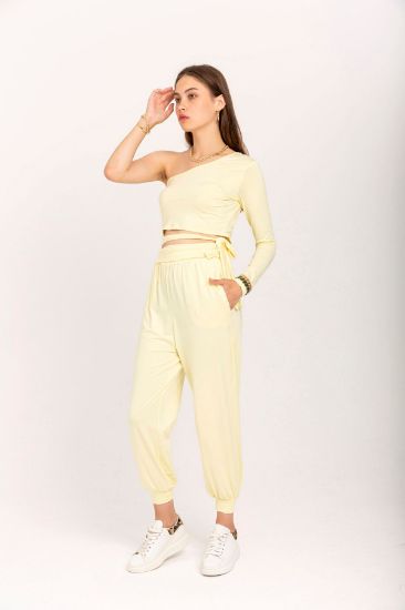 Picture of Scuba Material Skinny Kalıp Assmmetrical Asymmetrical Detailed Woman Suit 2'li Yellow