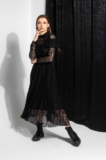 Picture of Lace Material Turtle Neck Neck Midi Size Lace Woman Dress Black