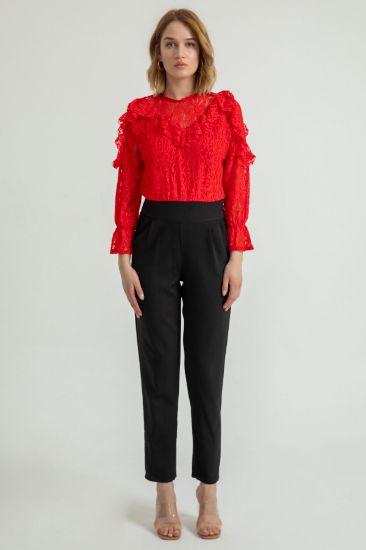Picture of Lace Material Crew Neck Tam Kalıp Ruffle Lace Woman Overall Red