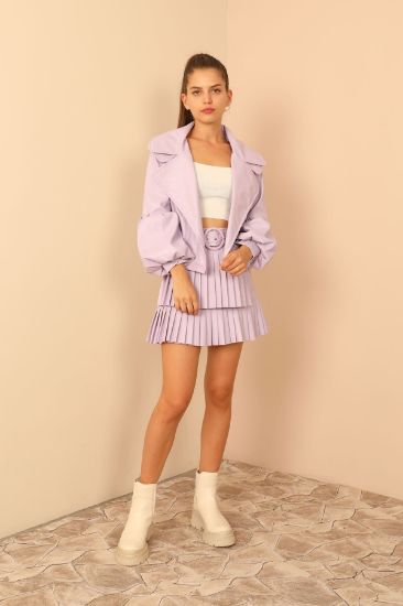 Picture of Leather Material Balon Sleeved Belt above Size Comfortable Kalıp Woman Jacket Lilac
