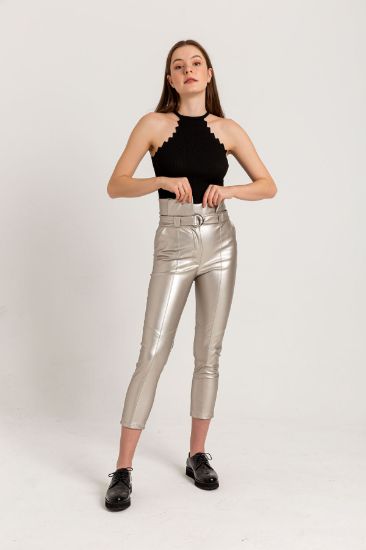 Picture of Leather Material Skinny Kalıp Yüksel Waist Belted Woman Trousers Silver