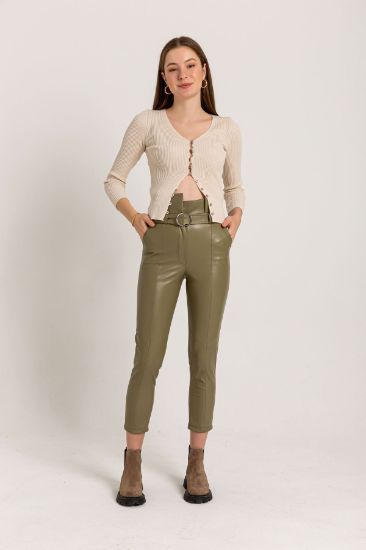 Picture of Leather Material Skinny Kalıp Yüksel Waist Belted Woman Trousers Khaki